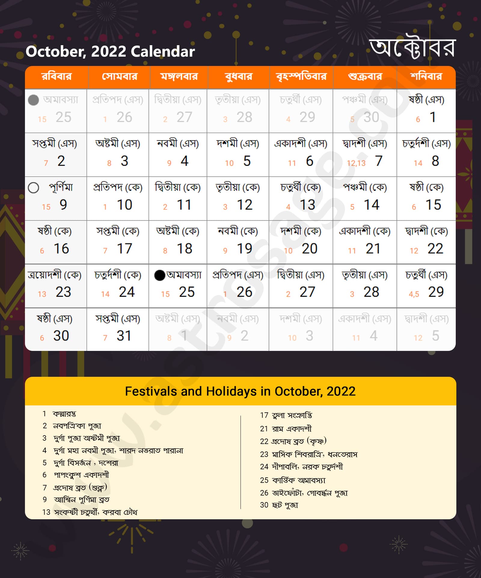Bengali Calendar 2022 October