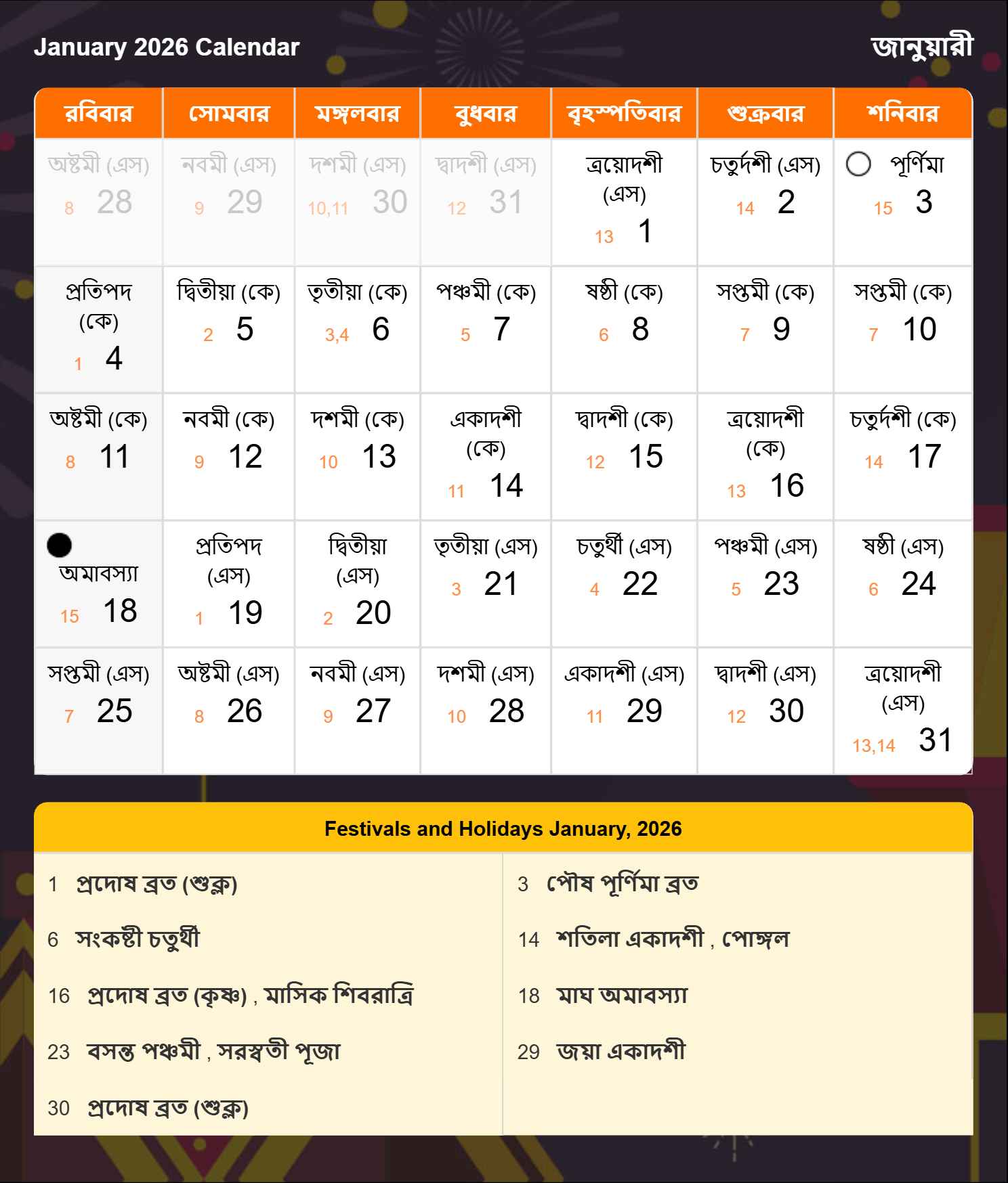 Bengali Calendar 2026 January