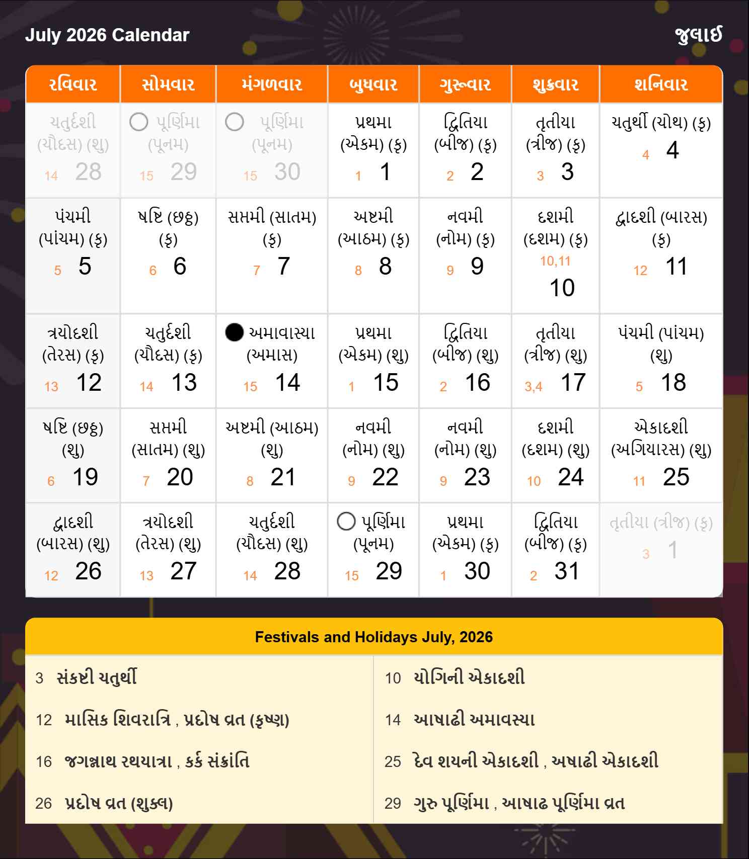 Gujarati Calendar 2026 July