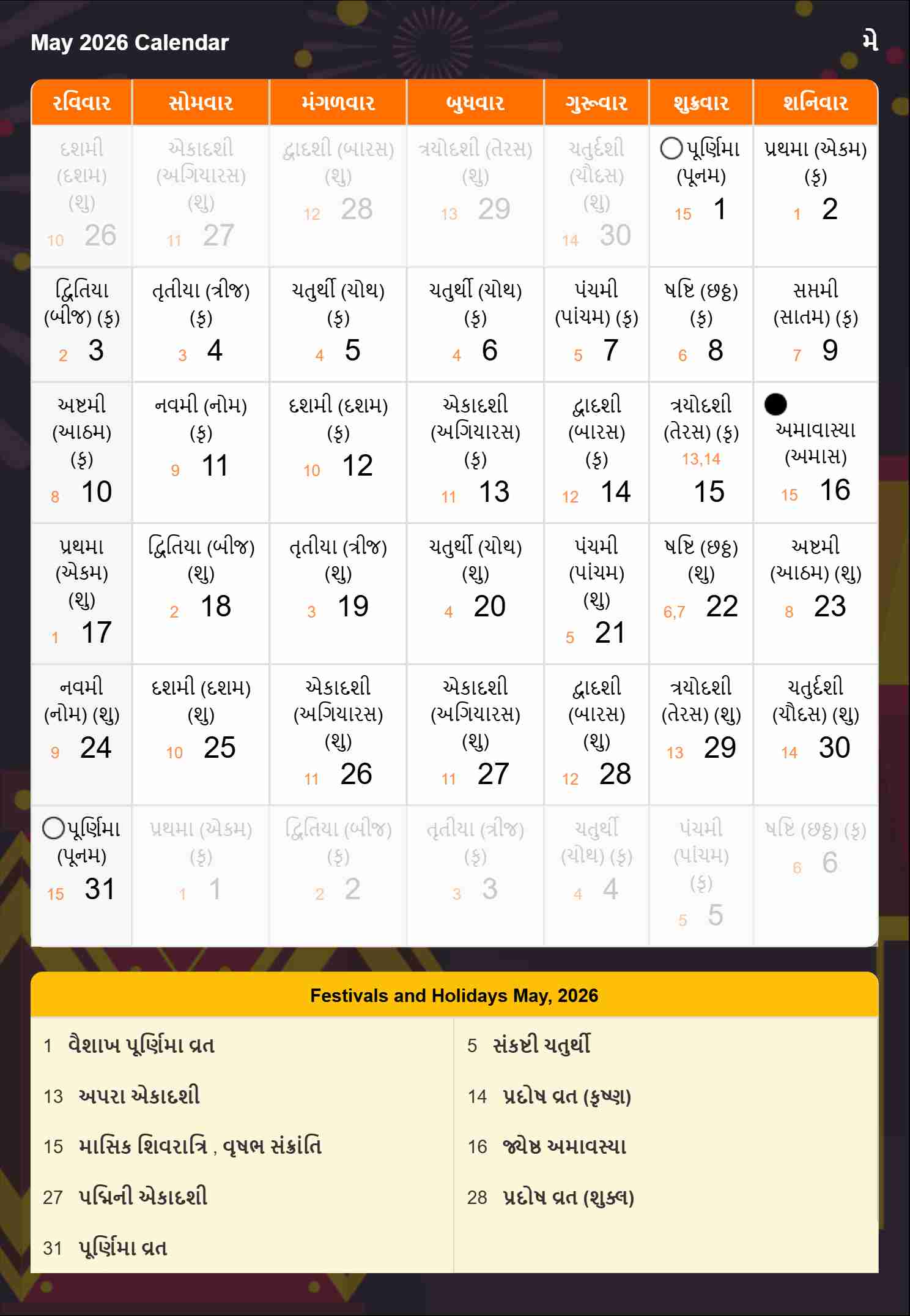 Gujarati Calendar 2026 May