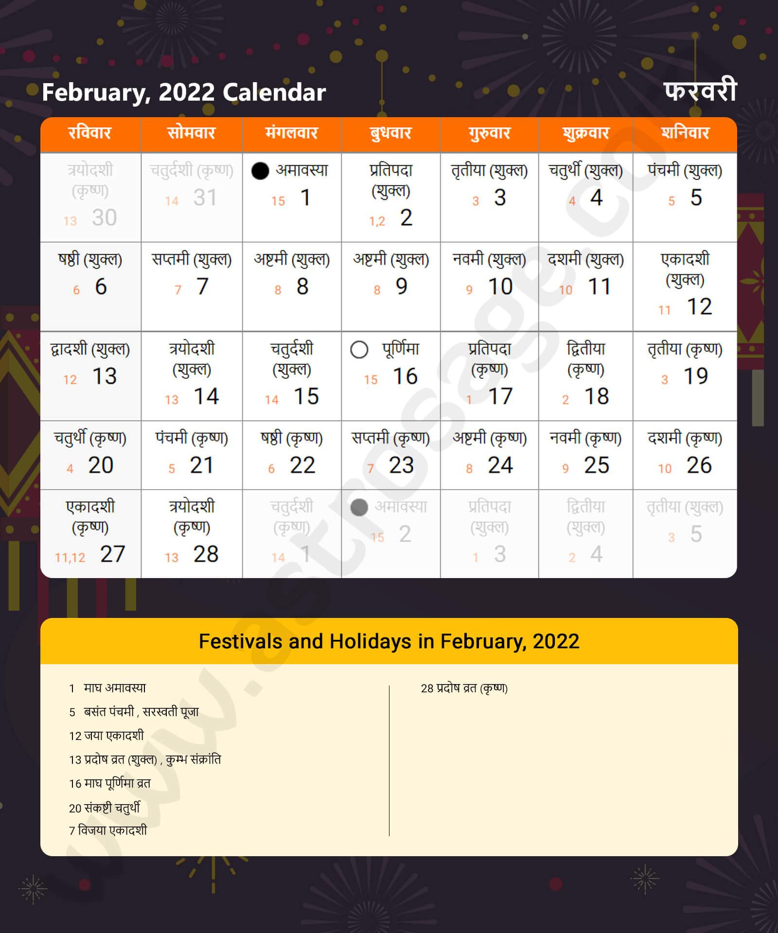 Hindi Calendar 2022 February