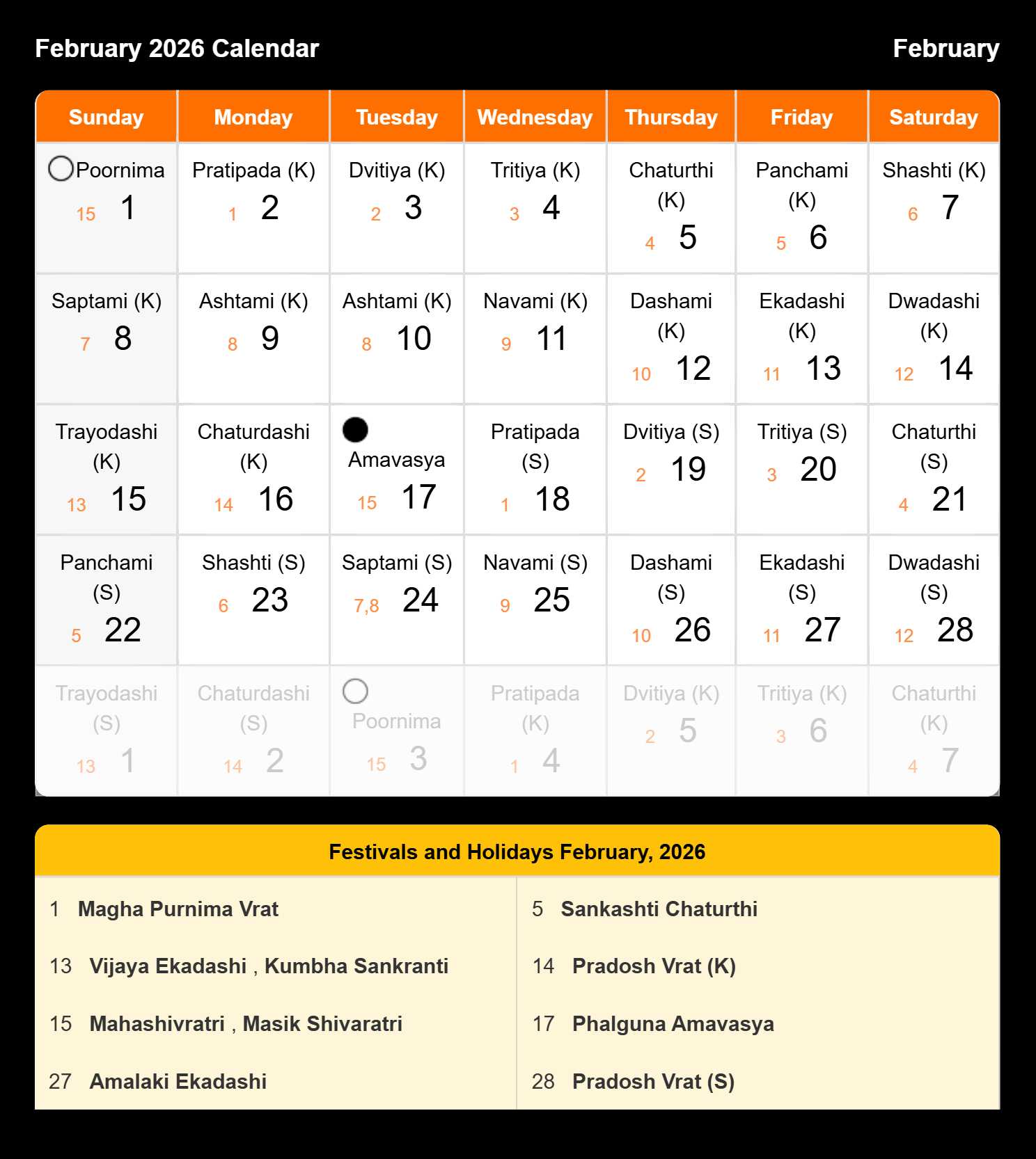 Hindi Calendar 2026 February