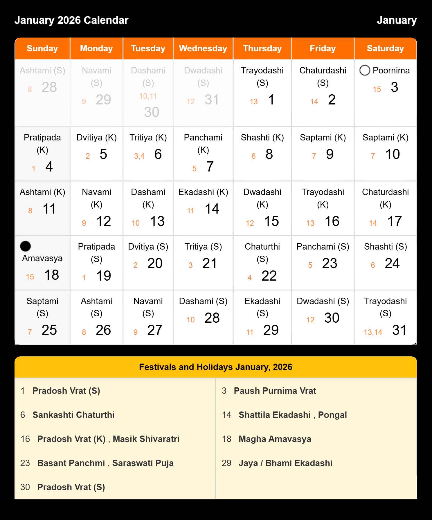 Hindi Calendar 2026 January