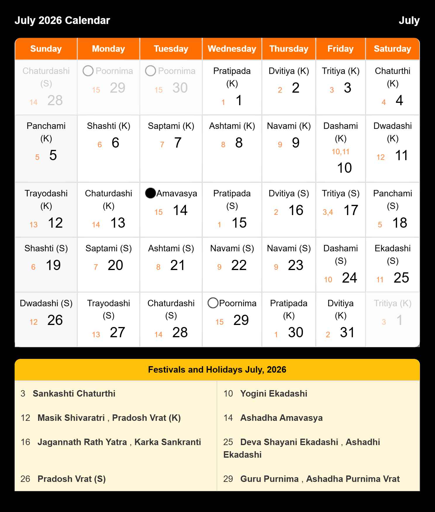 Hindi Calendar 2026 July