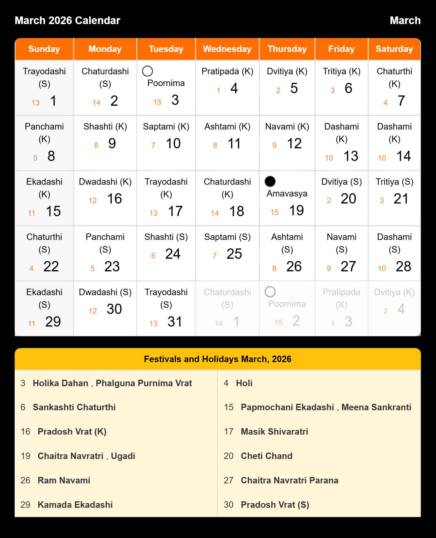 Hindi Calendar 2026 March
