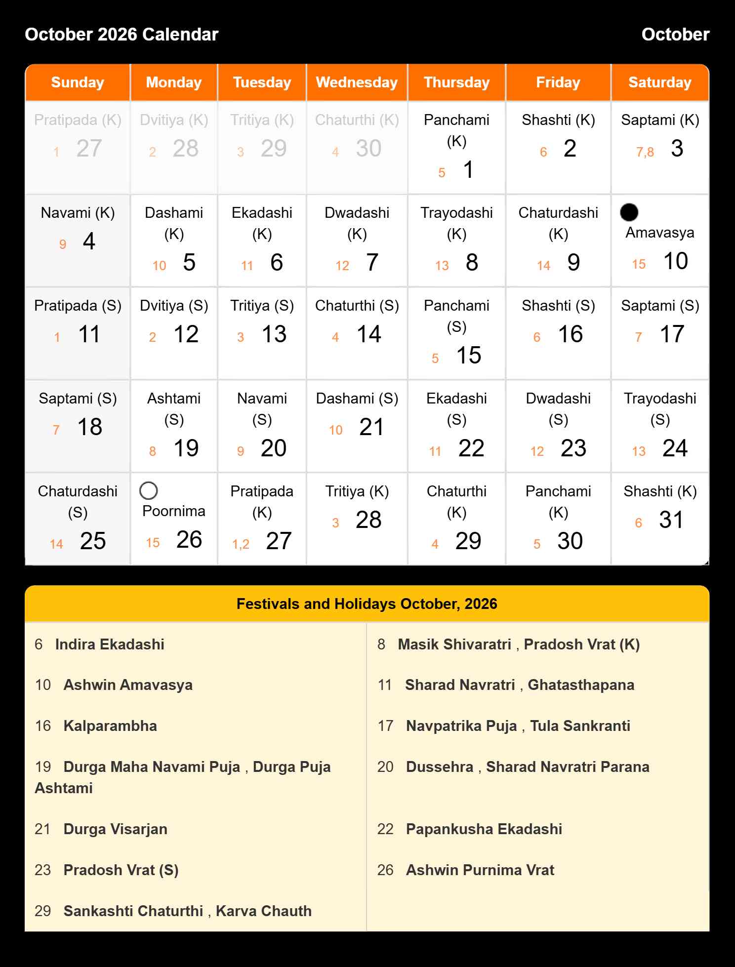 Hindi Calendar 2026 October