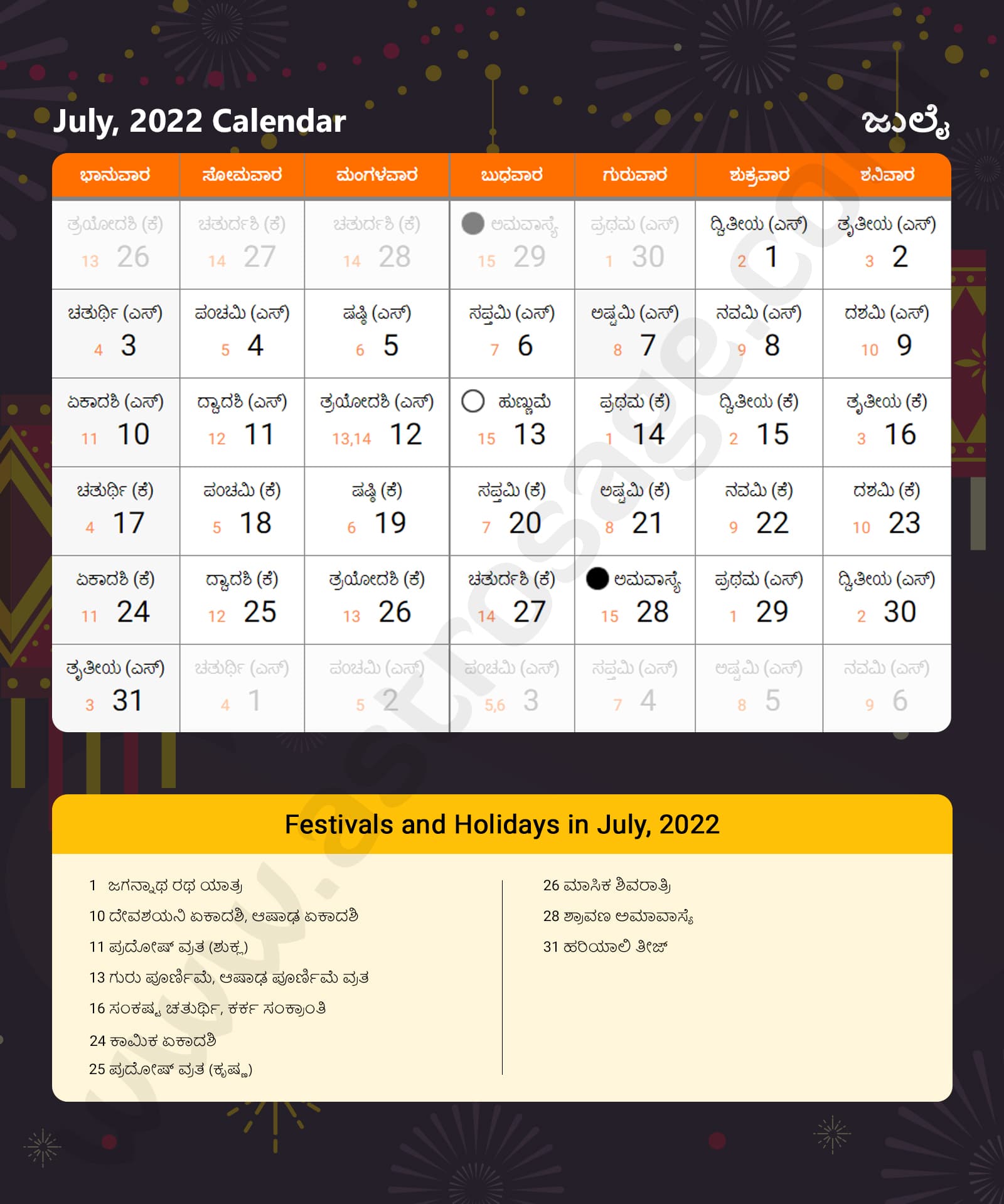 Kannada Calendar 2022 July