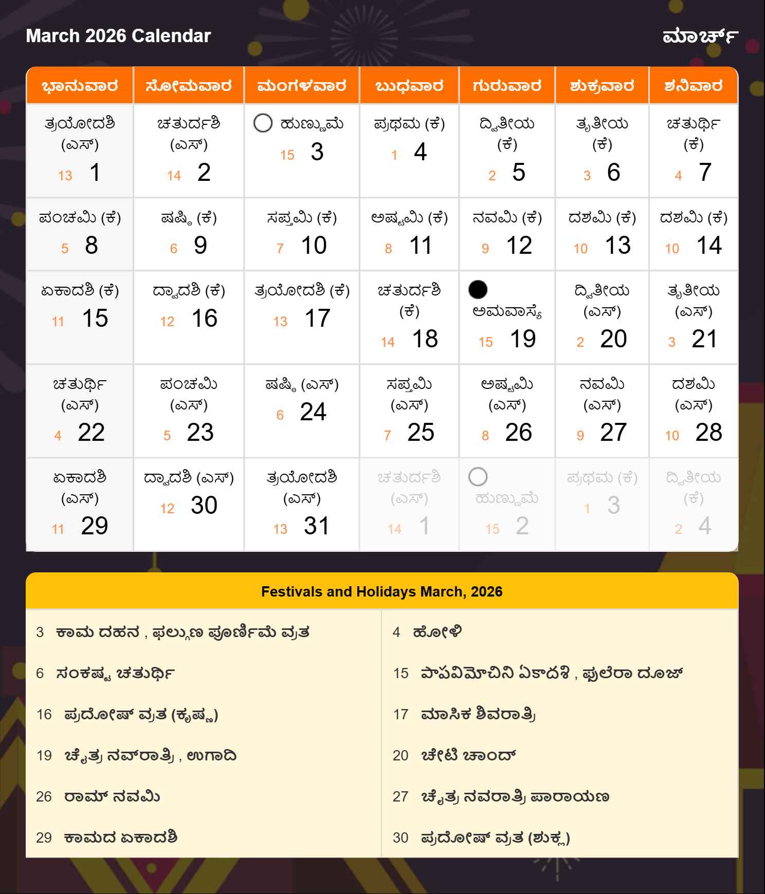 Kannada Calendar 2026 March