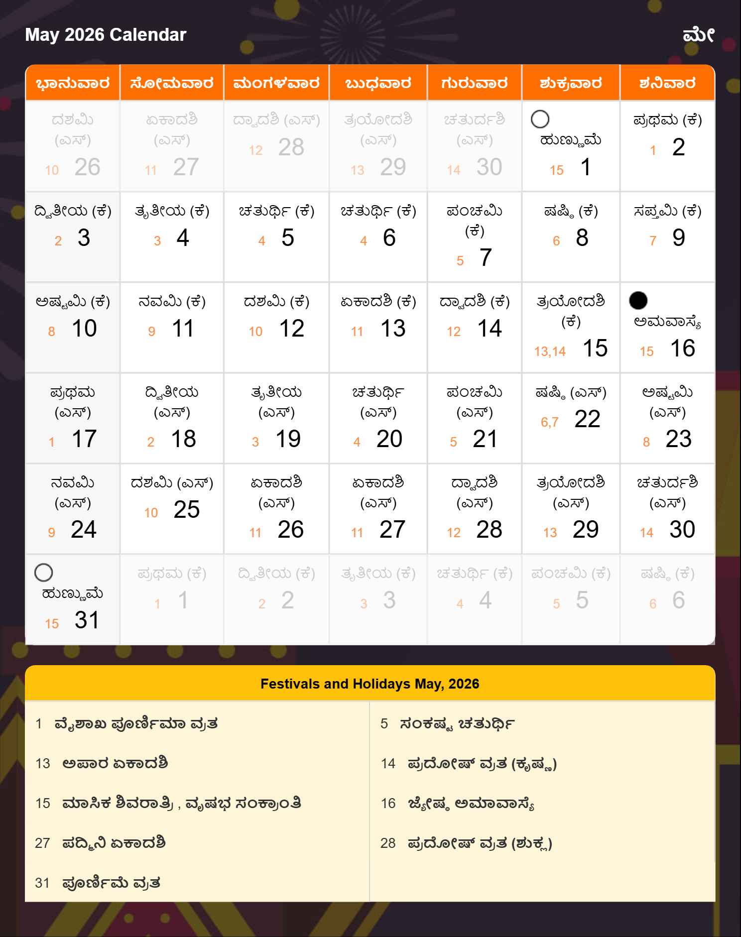 Kannada Calendar 2026 May