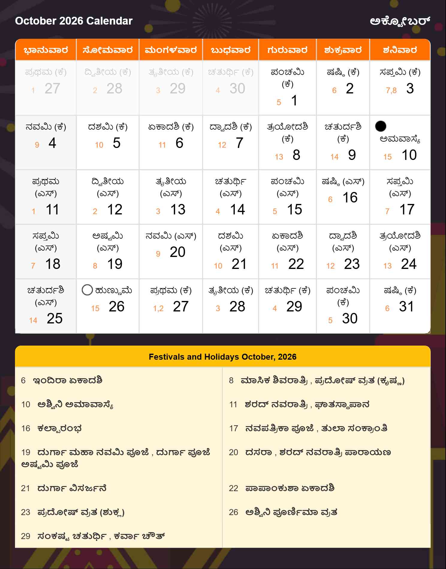 Kannada Calendar 2026 October