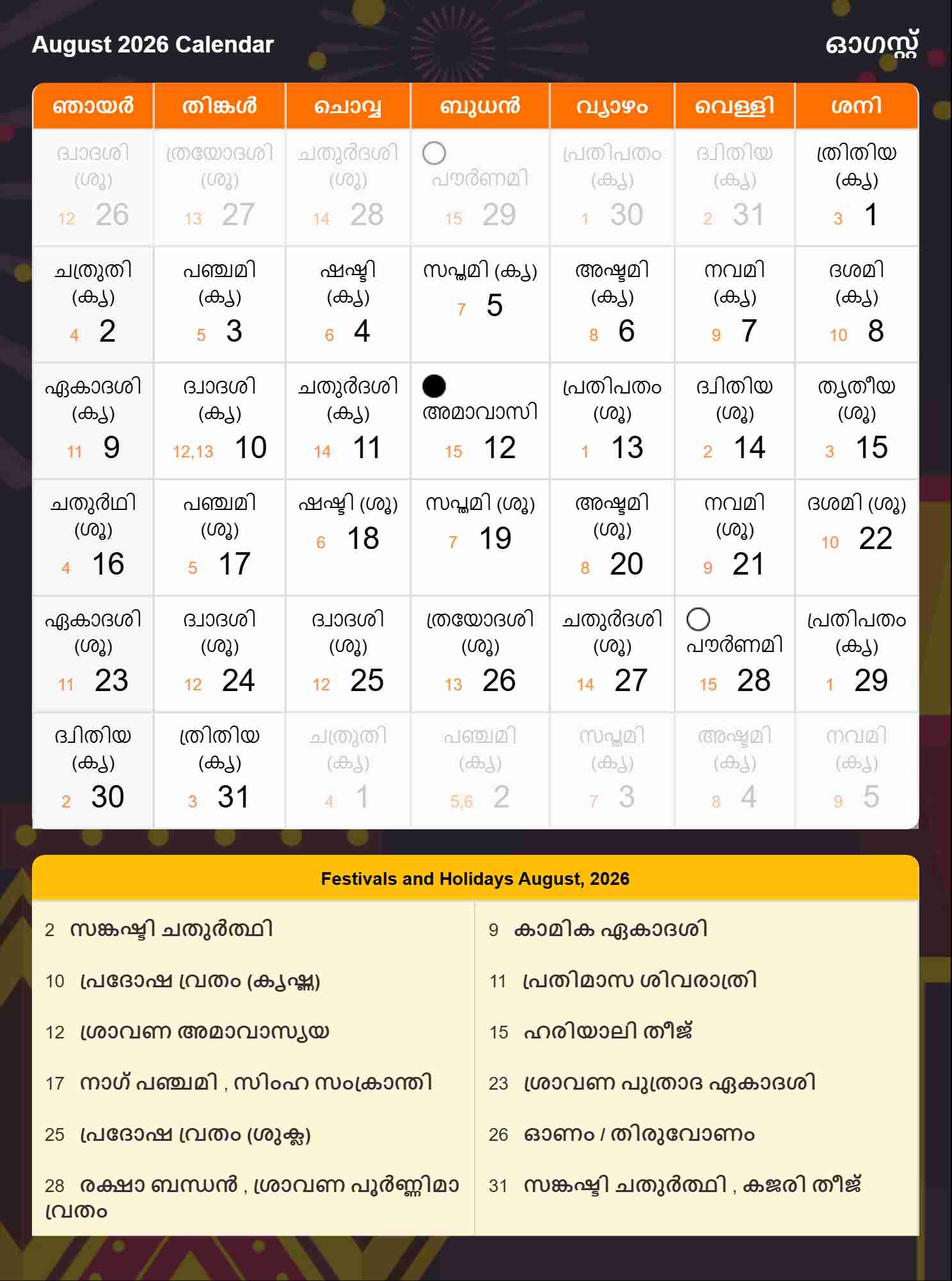 Malayalam Calendar 2026 August