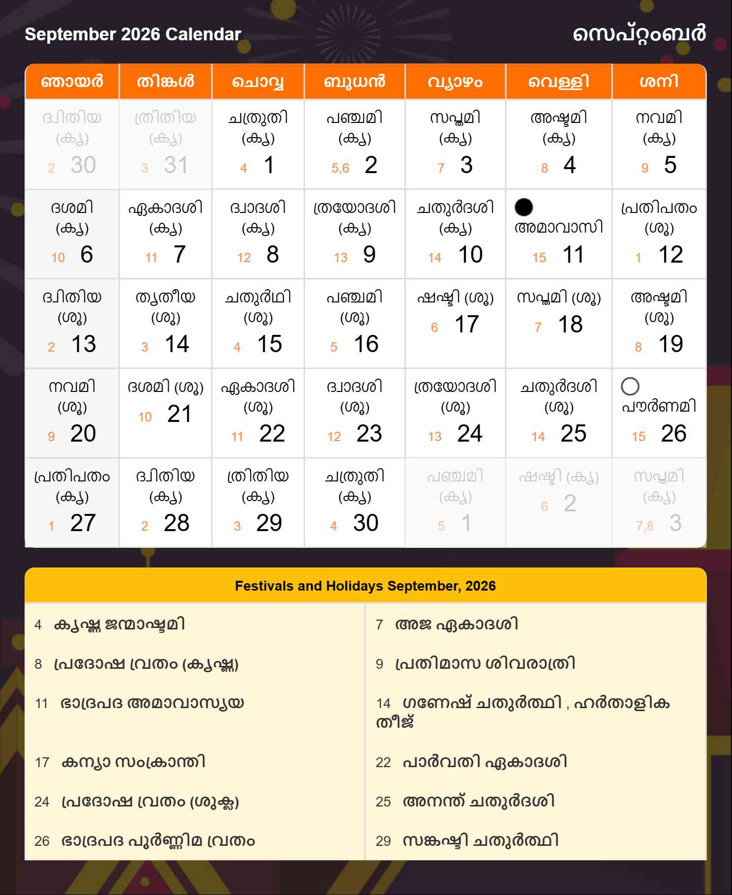 Malayalam Calendar 2026 September