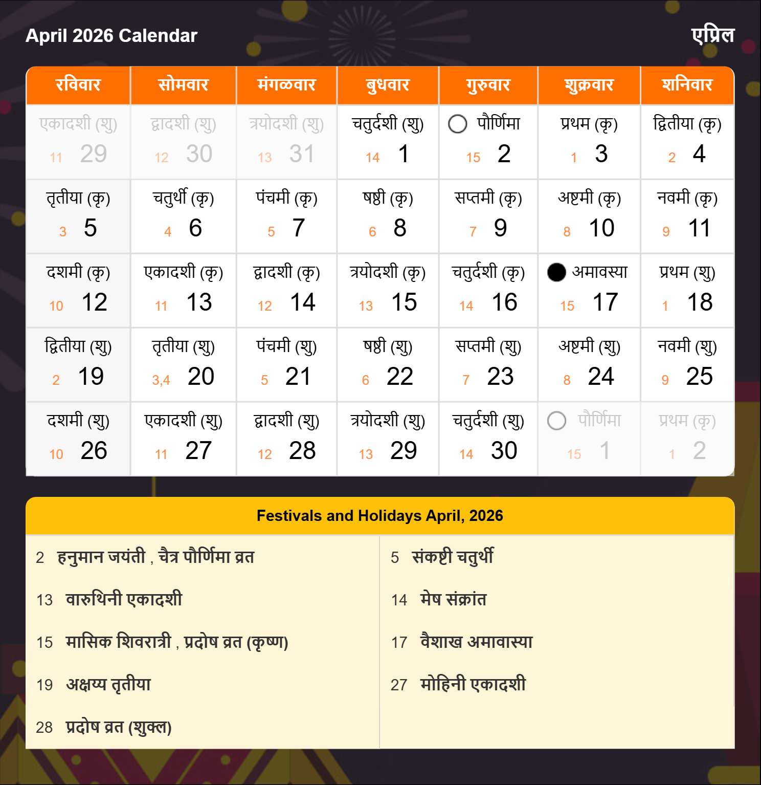 Marathi Calendar 2026 April