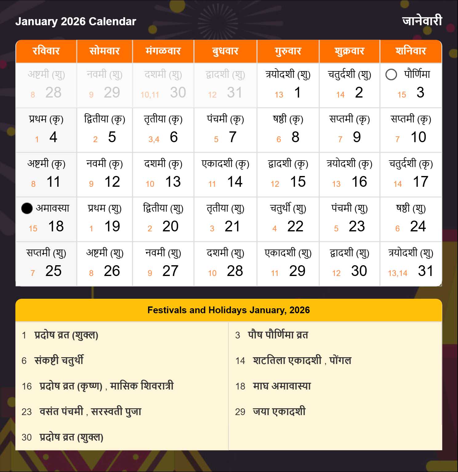 Marathi Calendar 2026 January
