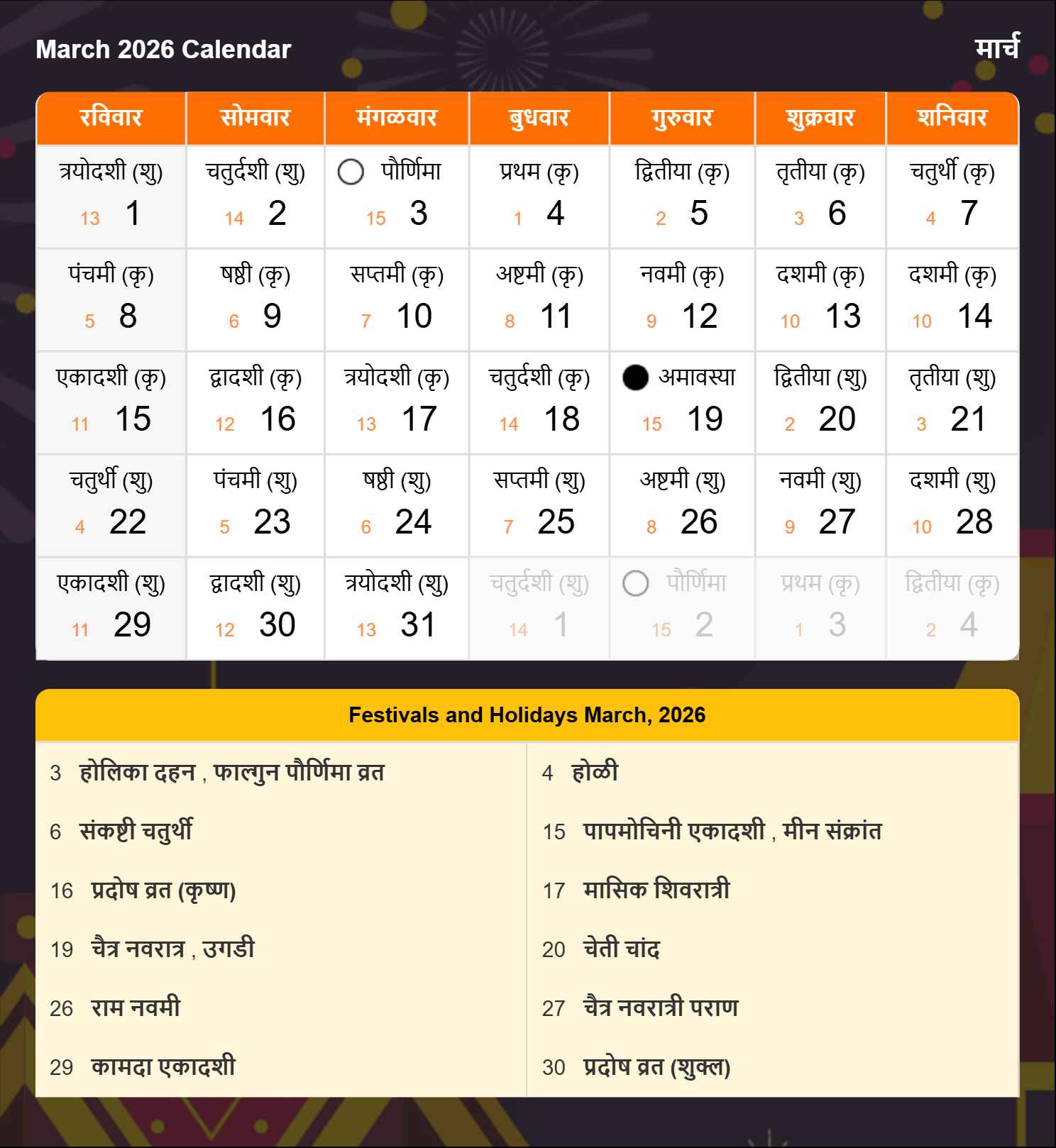Marathi Calendar 2026 March