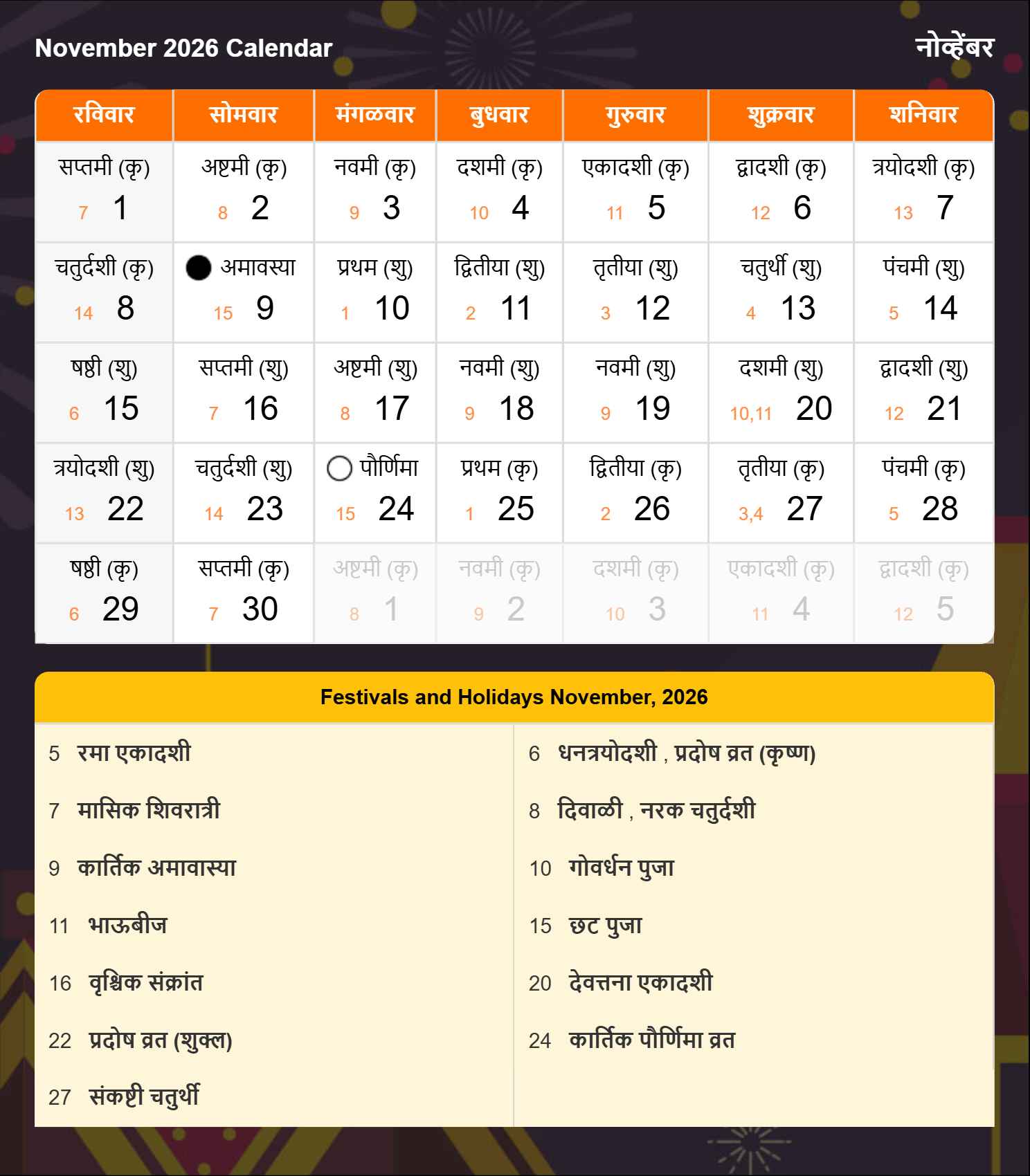 Marathi Calendar 2026 November