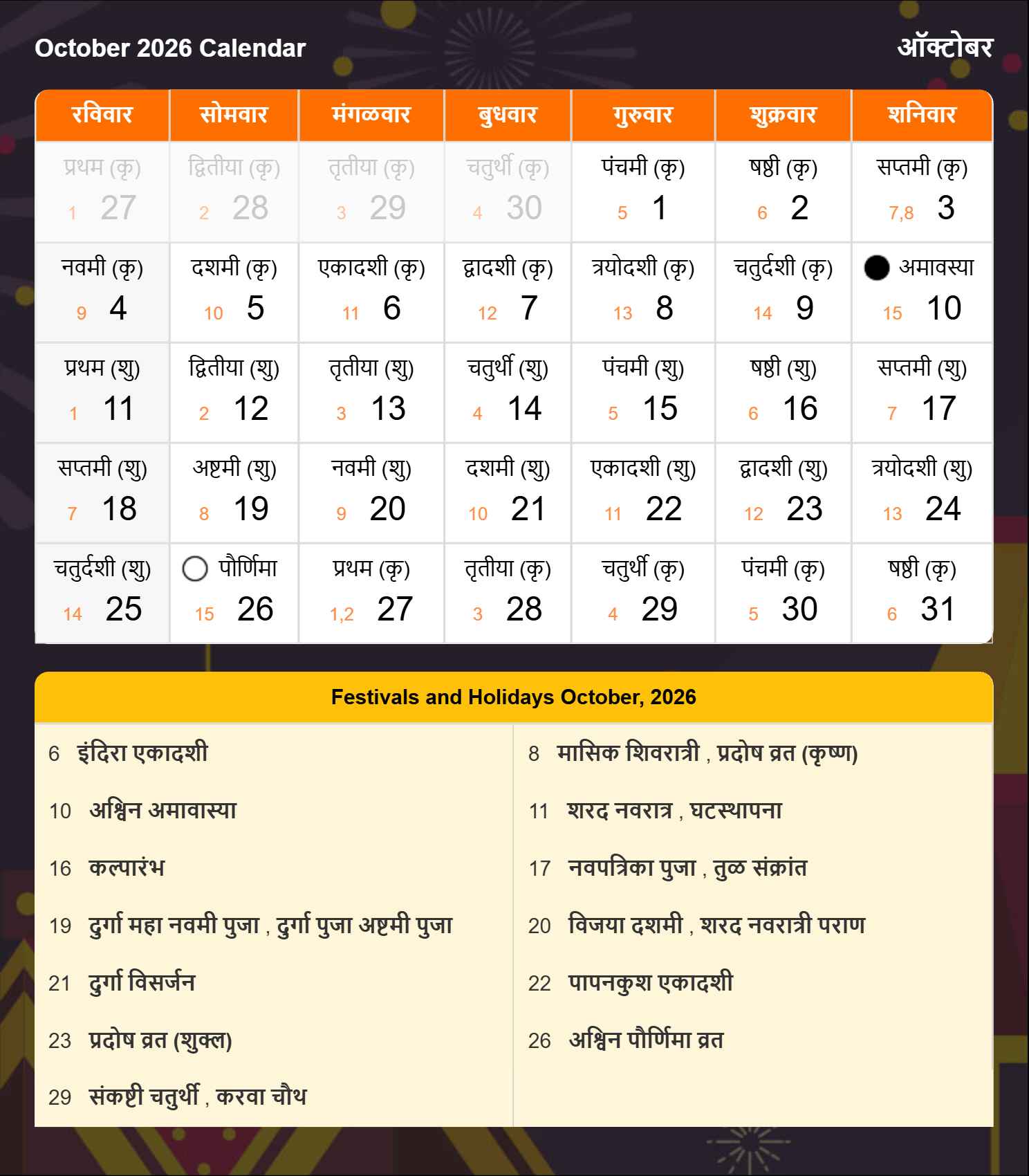 Marathi Calendar 2026 October