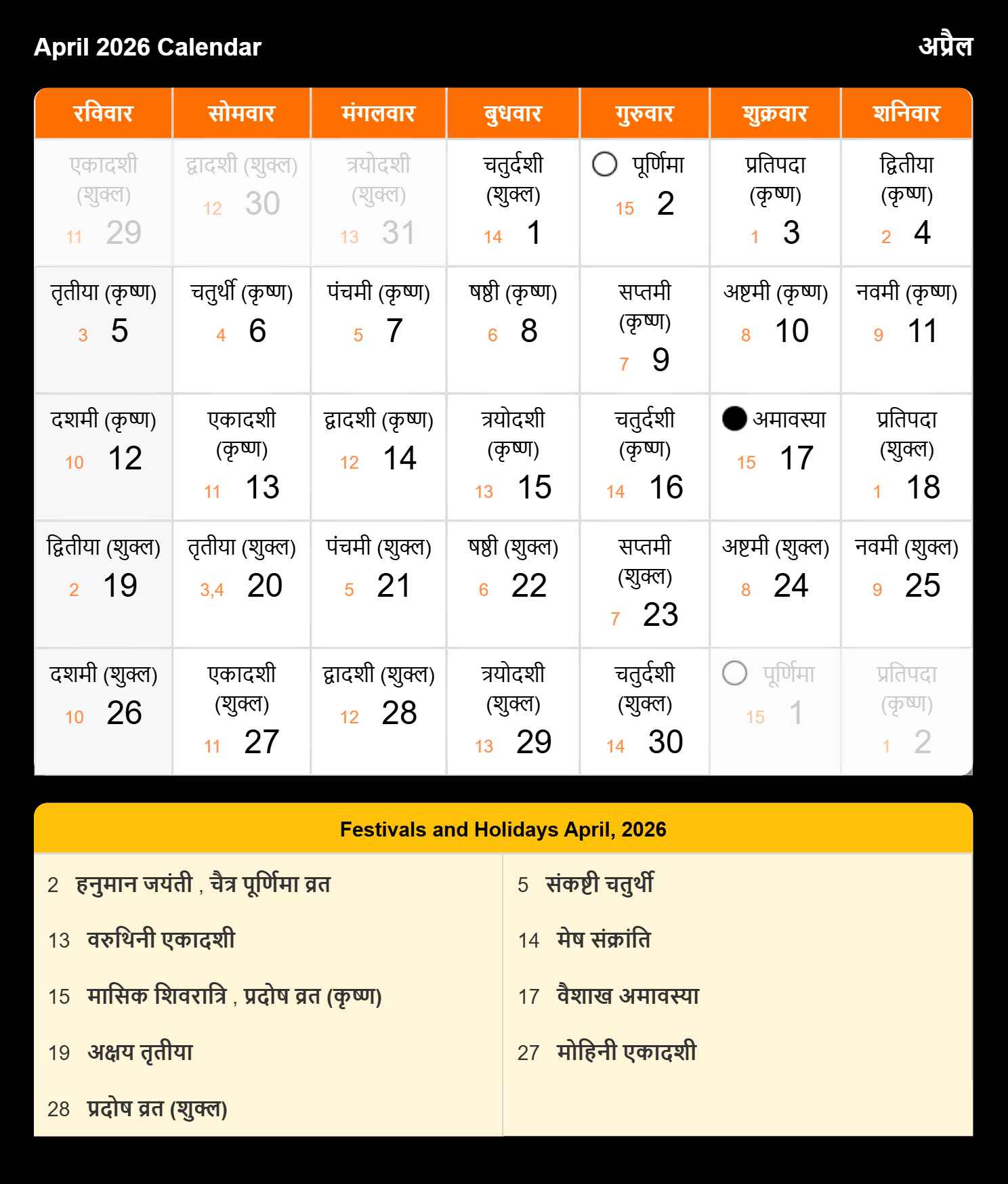 Monthly Calendar 2026 April