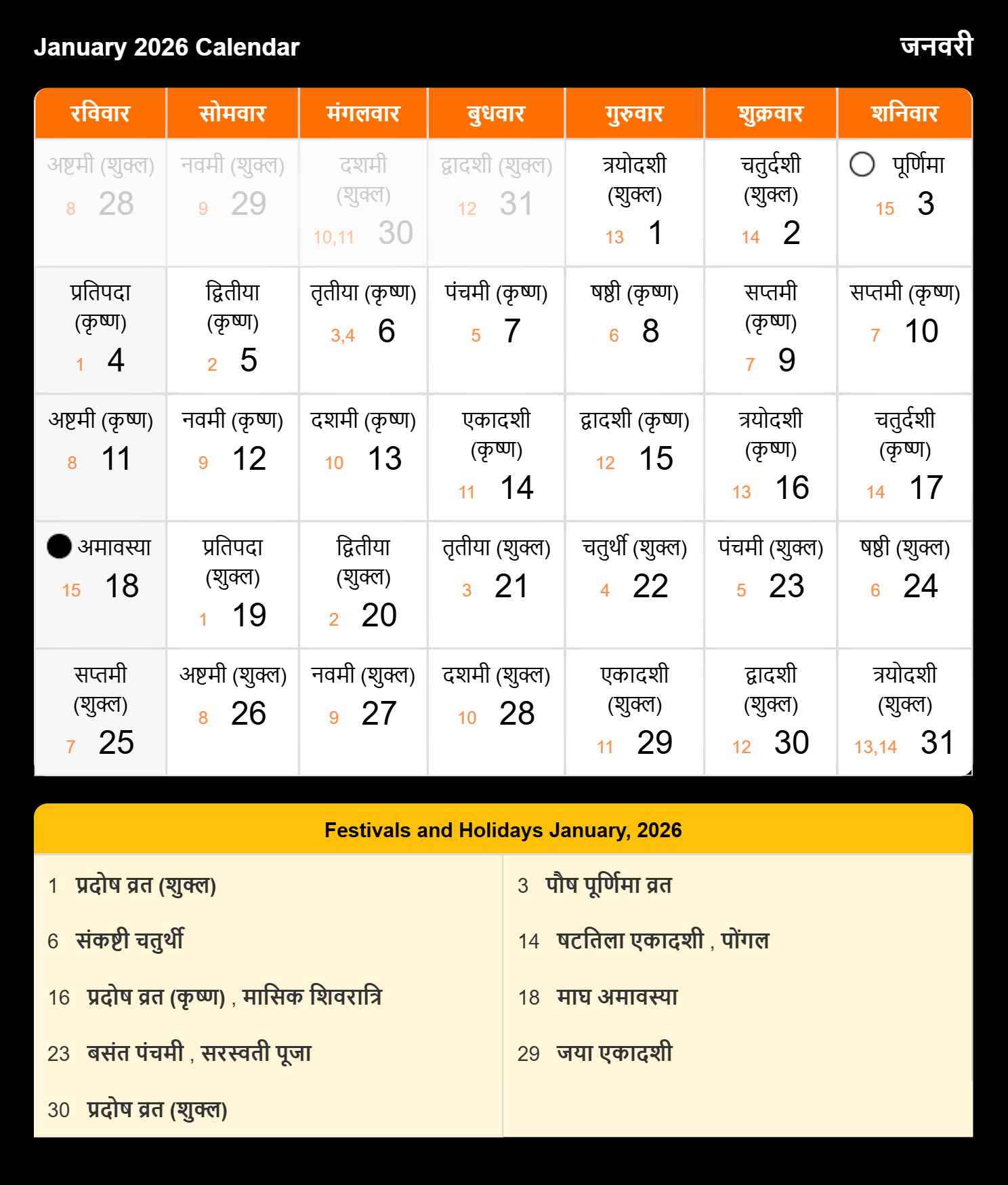 Monthly Calendar 2026 January