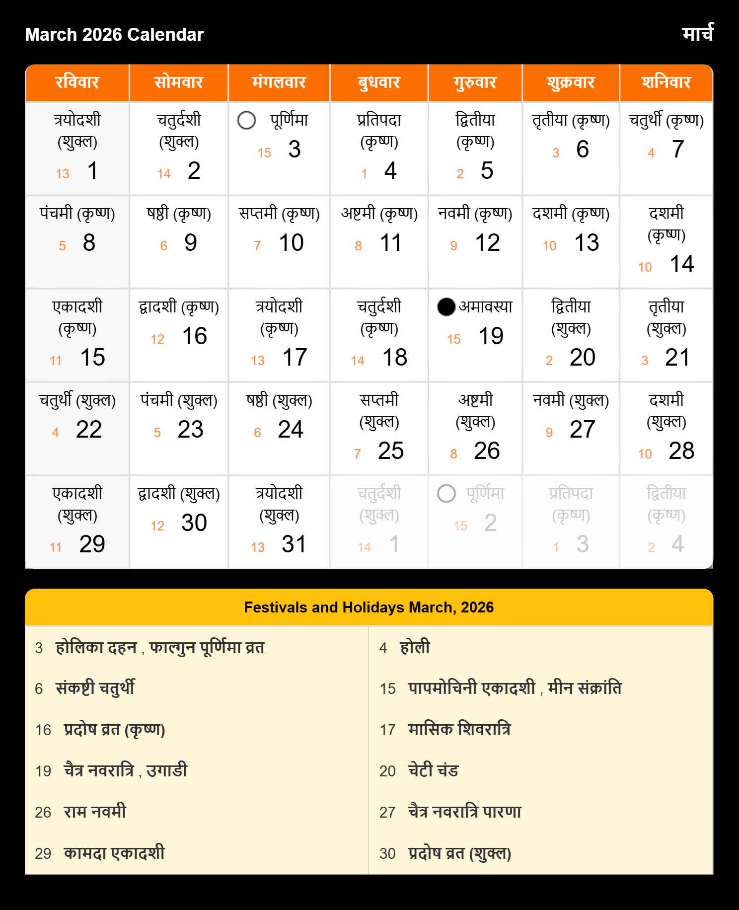 Monthly Calendar 2026 March