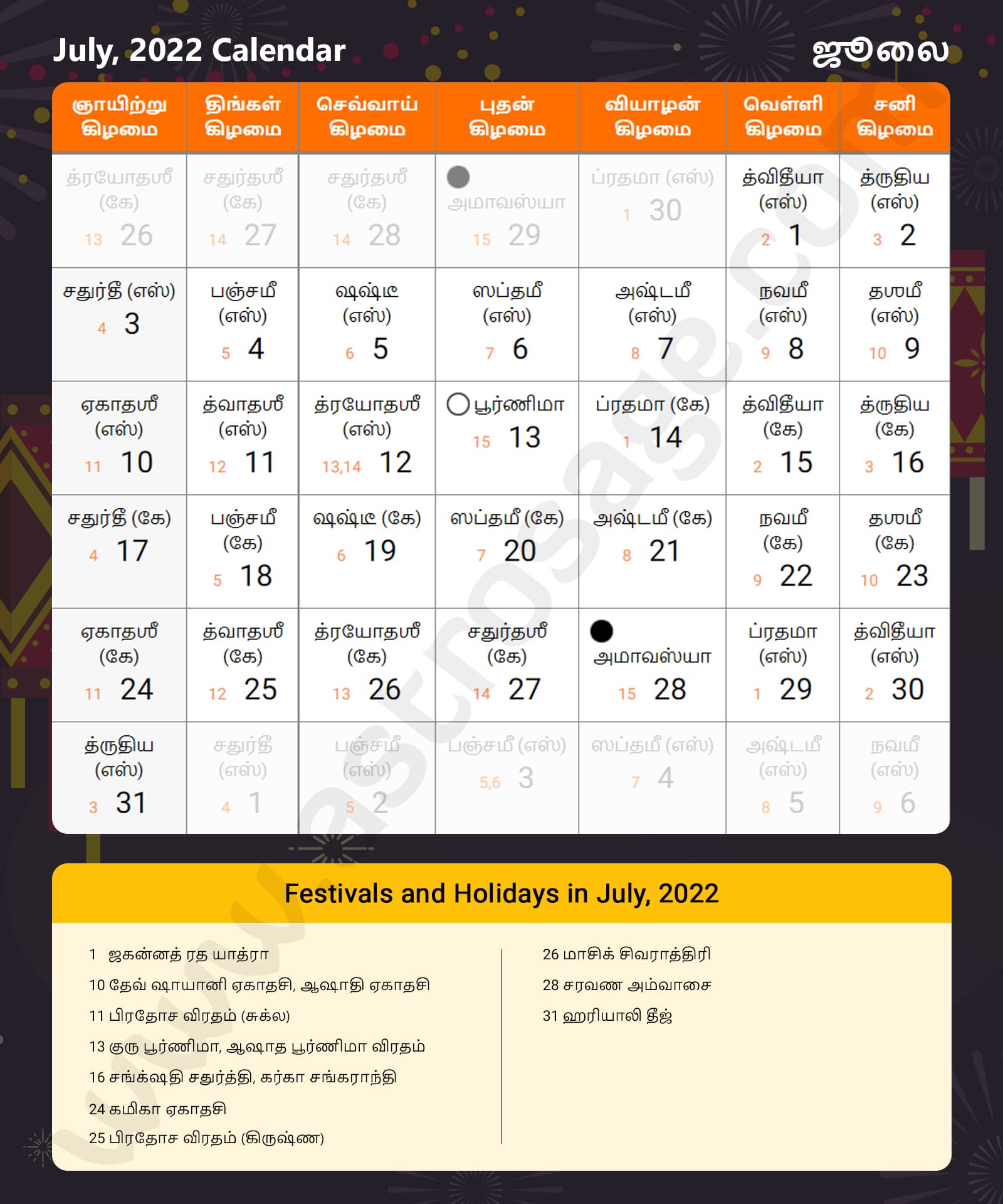 Tamil Calendar 2022 July