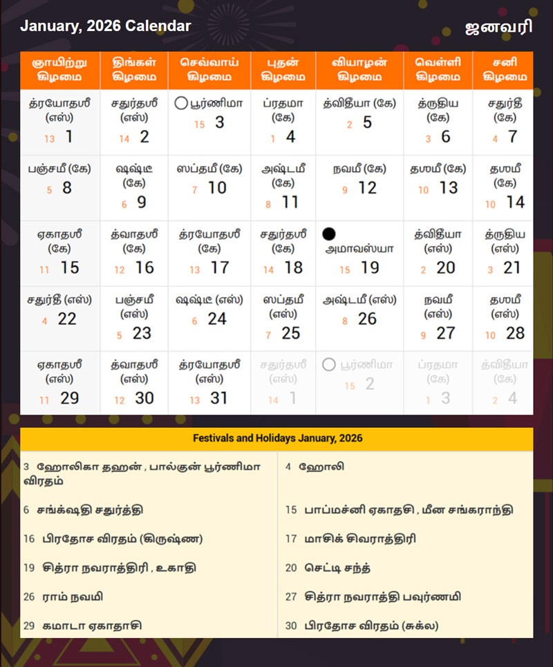 Tamil Calendar 2026 January