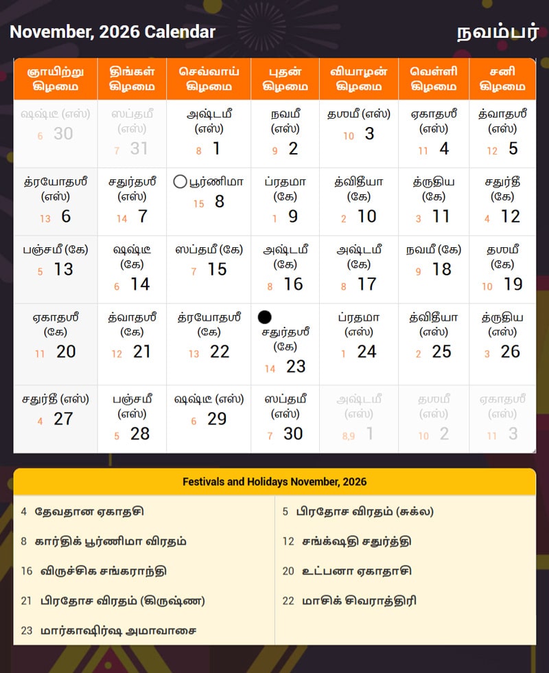 Tamil Calendar 2026 November