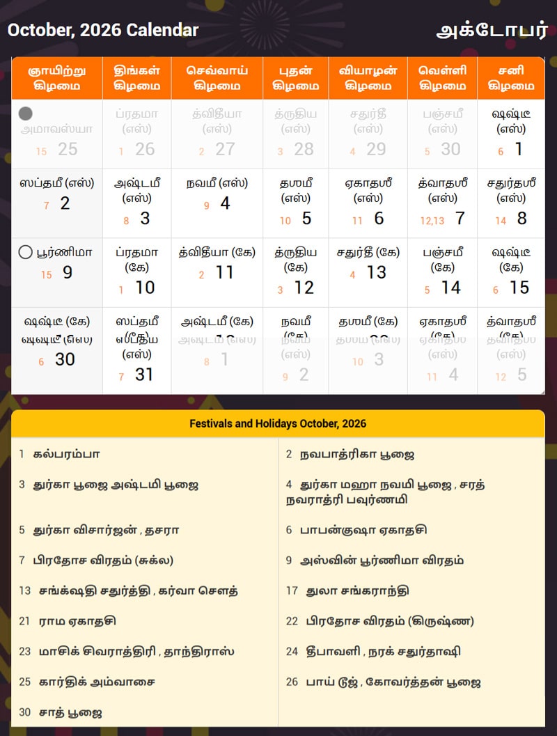 Tamil Calendar 2026 October