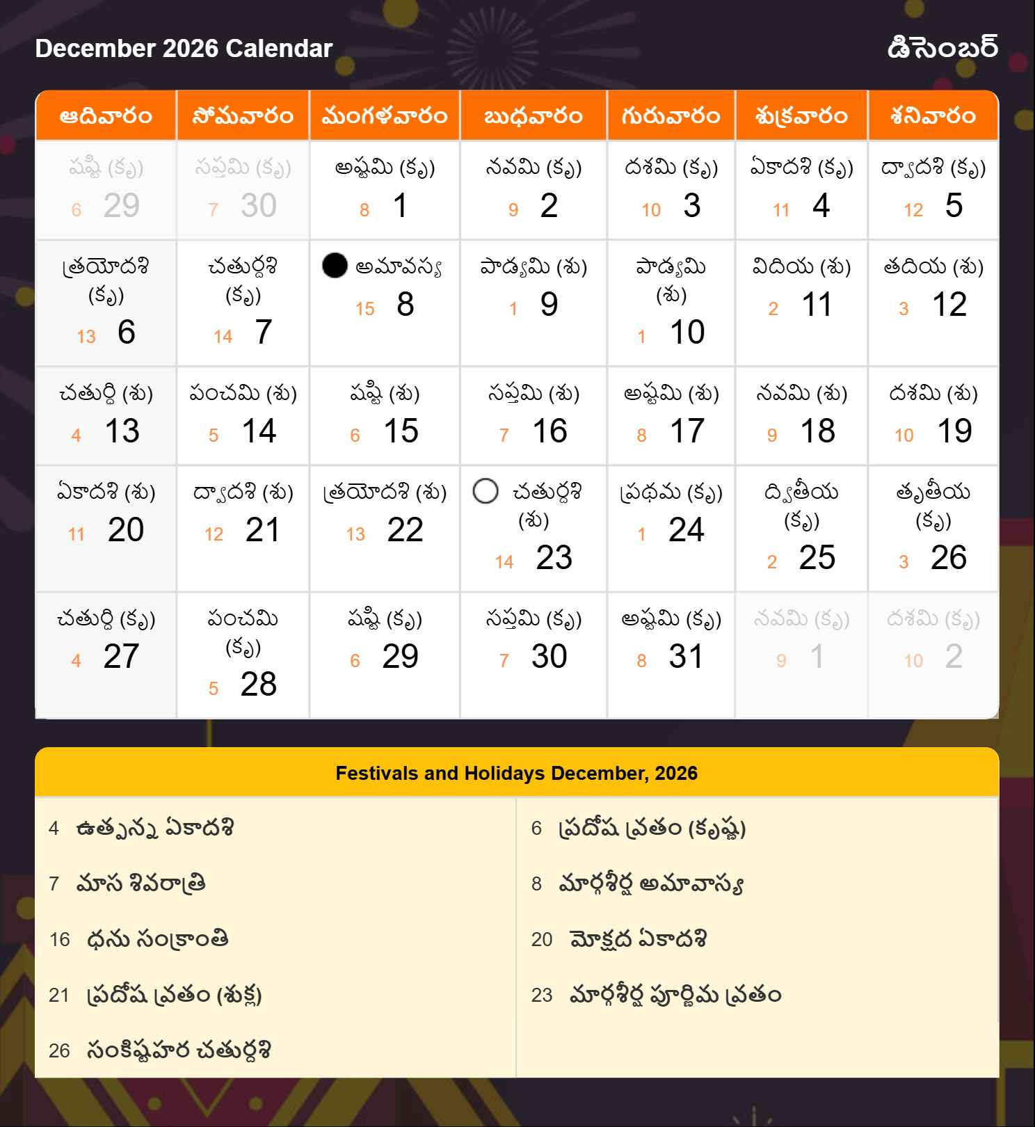 Telugu Calendar 2026 December