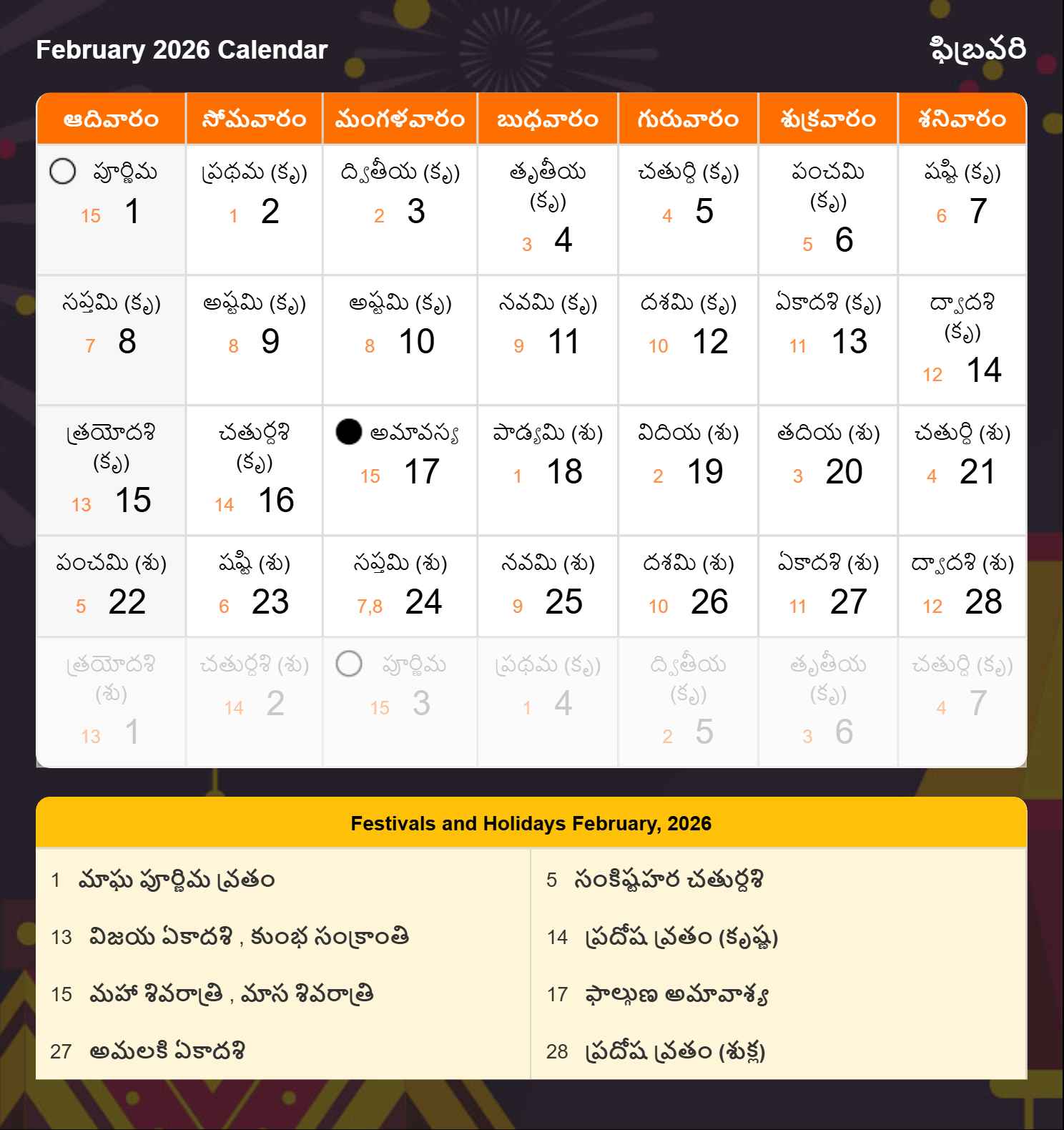 Telugu Calendar 2026 February
