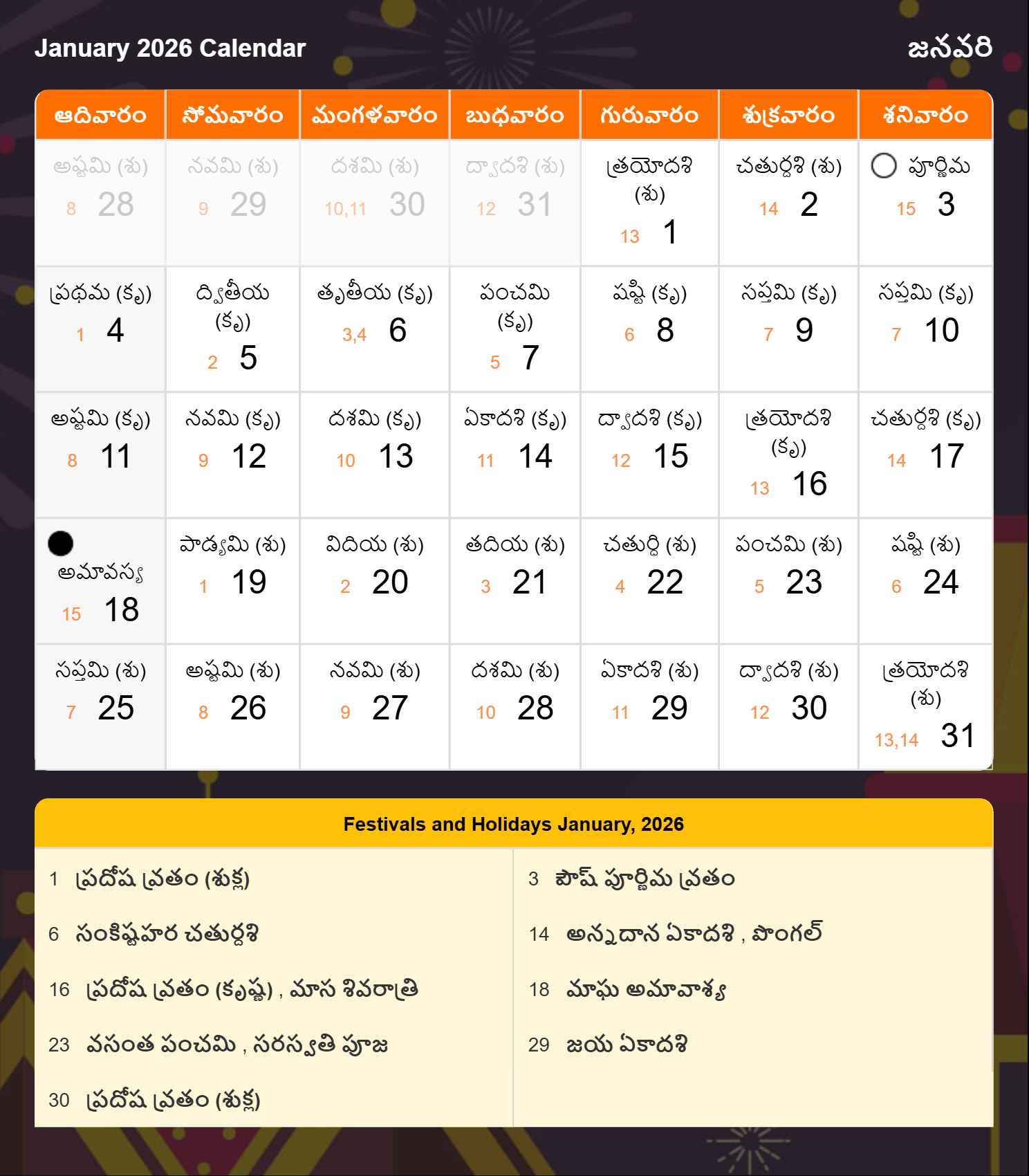 Telugu Calendar 2026 January