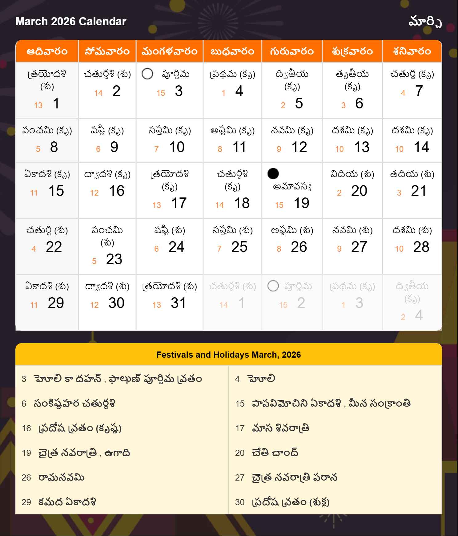 Telugu Calendar 2026 March