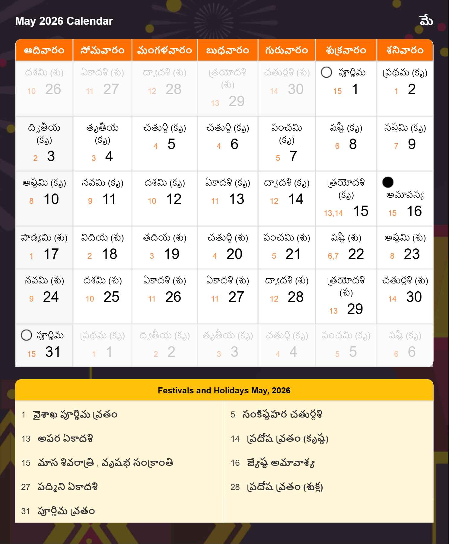 Telugu Calendar 2026 May